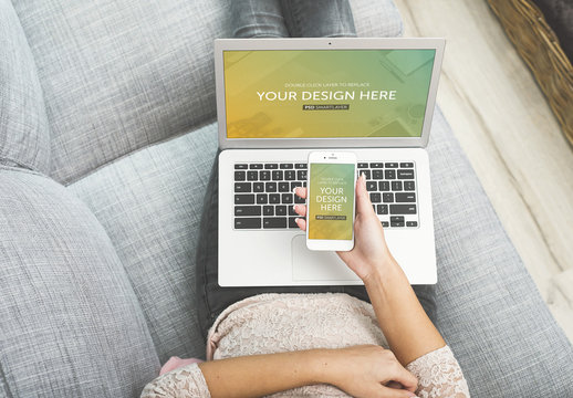 Top View of Laptop and Smartphone User on Couch Mockup 1
