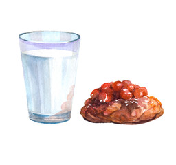 Watercolor realistic milk glass with cake illustration isolated on white background.