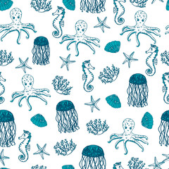 Fototapeta premium Hand drawn sea creatures. Seamless pattern.