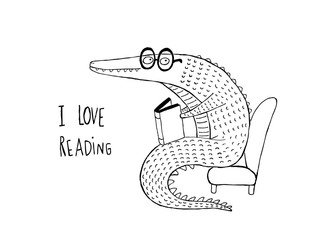 I Love Reading, Crocodile reading a book, black and white