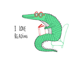 I Love Reading, Crocodile reading a book, hand drawn vector illustration