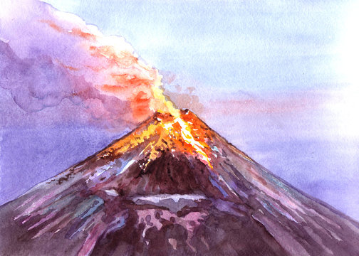 Watercolor realistic volcano isolated on a white background illustration.