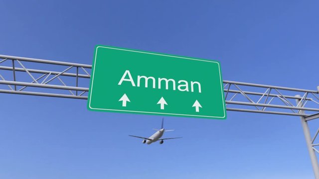 Twin engine commercial airplane arriving to Amman airport. Travelling to Jordan conceptual 4K animation