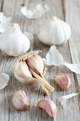 Organic garlic on wooden table