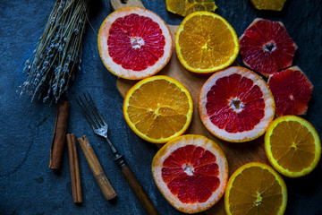 bright slices oranges on the table