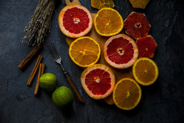 bright slices oranges on the table