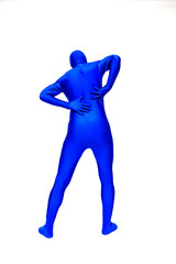 Mysterious blue man in morphsuit has back pain