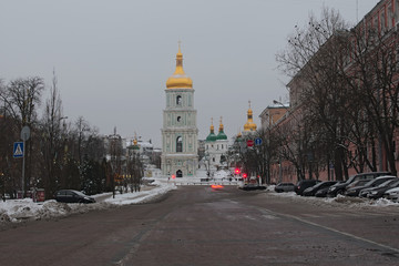 Early winter morning in the city. A view of the St. Sophia Cathedral and monument to Bogdan Khmelnitsky. Kyiv. Ukraine