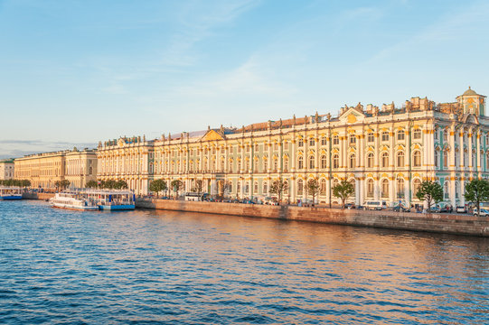 Hermitage complex and Winter Palace facade view from Neva river, St Petersburg
