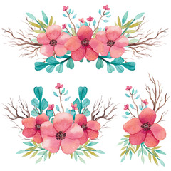 Set Of Watercolor Bouquets With Branches And Pink Flowers