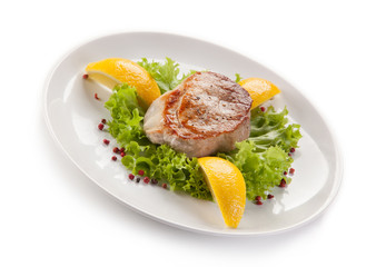 Fish dish - fried tuna steak and vegetables 