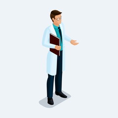 Trendy isometric people. Medical practice, the physician is with the magazine in hand, front view isolated on a light background. Vector illustration