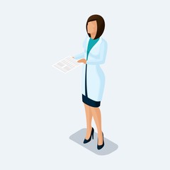 Trendy isometric people. Medical practice, doctor woman holding a contract in hand, front view isolated on a light background. Vector illustration