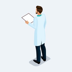 Trendy isometric people. Medical practice, the physician is with the magazine in hand, rear view isolated on a light background. Vector illustration