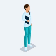 Trendy isometric people. Medical practice, hospital, nurse in special clothes with a patient card in hand, front view isolated on a light background. Vector