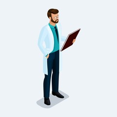 Trendy isometric people. Medical practice, the doctor is with a patient card in hand, front view isolated on a light background. Vector illustration