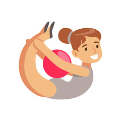 Little Girl In Grey Leotard Doing Gymnastics Exercise With Ball Apparatus In Class, Future Sports Professional