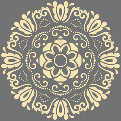 Oriental round pattern with arabesques and floral elements. Traditional classic ornament. Gray and golden pattern