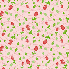 Seamless spring pattern with pink tulips. Vector illustration. Floral seamless background for dress, manufacturing, wallpapers, prints, gift wrap and scrapbook. 
