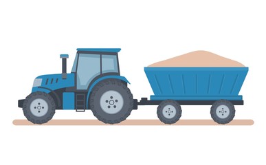 Blue tractor with trailer on white background. Flat style, vector illustration. 