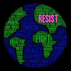 Women's Rights Resist word cloud on a black background. 