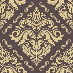 Seamless damask pattern. Traditional classic orient ornament. Brown and golden pattern