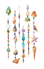 Watercolor colorful chains with sea shells, beads, crystals isolated on white background.