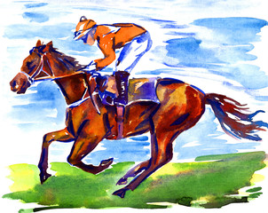 Athlete jockey on horseback participating in racing on the racetrack on a sunny summer day, hand painted watercolor illustration
