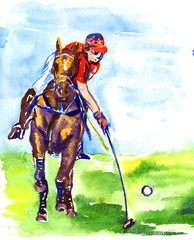 Athlete on horseback playing polo in the sunny summer day, hand painted watercolor illustration