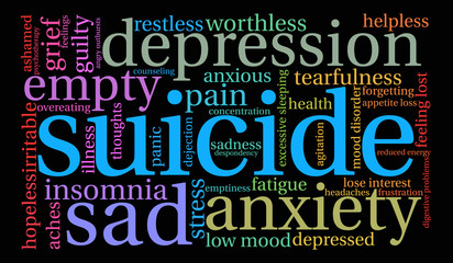 Suicide Word Cloud on a black background. 