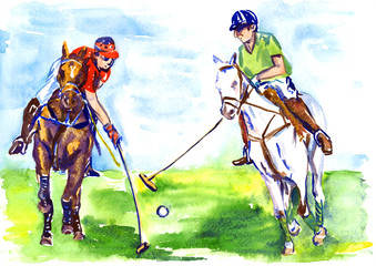 Athletes on horseback playing polo in the sunny summer day, hand painted watercolor illustration