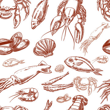 Sea food hand drawing seamless