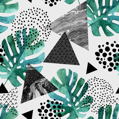 Abstrait avec des feuilles tropicales aquarelles et des triangles texturés