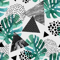 Crédence de cuisine en verre imprimé Impressions graphiques Abstrait avec des feuilles tropicales aquarelles et des triangles texturés