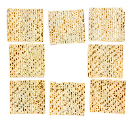 Frame of matzo on white background. Top view, flat lay