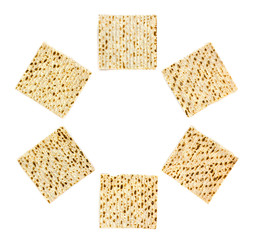 Frame of matzo on white background. Top view, flat lay