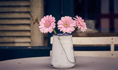 Pink Gerbera daisy flowers in a metal jug on a cafe table outside