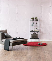 modern living room interior style with metal bookcase and armchair