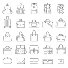 Outline set of women's and men's bags. Many types of casual handbag. Isolated illustrations on white background. Retro style. Travel luggage, sports bags, clutches. Line icons