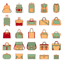 Colorful set of women's and men's bags. Many types of casual handbag. Isolated illustrations on white background. Retro style. Travel luggage, sports bags, clutches. Filled outline icons