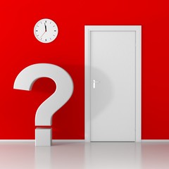 White question mark waiting at the door on red background 