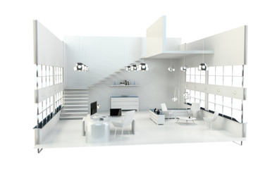 Fototapeta na wymiar Depth of focus on modern white office interior 3D rendering