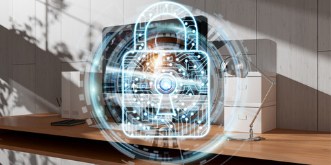 White and digital firewall flying over desktop 3D rendering