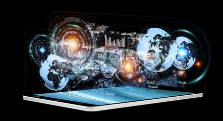Digital holograms with screens charts over mobile phone 3D rende