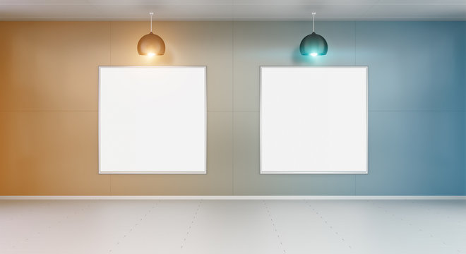 Two white blanks canvas on a wall 3D rendering