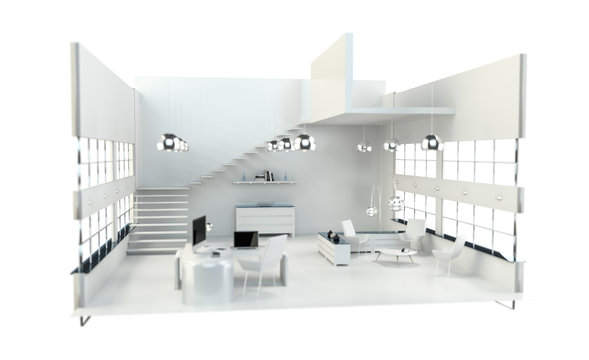 Depth Of Focus On Modern White Office Interior 3D Rendering