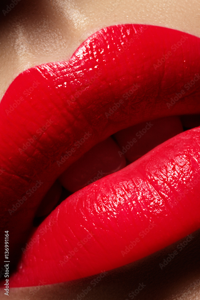 Canvas Prints Beautiful female Lips. Sweet Kiss with red lipstick. Lip Make-up on macro shoot. Hot fashion lip makeup