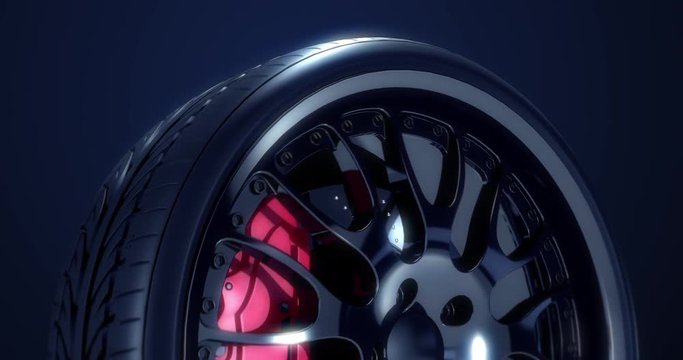 Sport car wheel rotating slowly. Cg animation with seamless loop