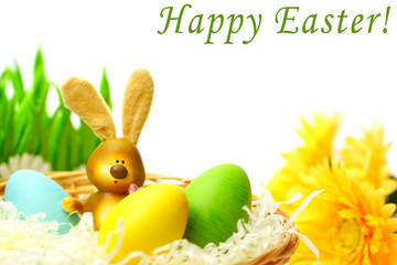 Rabbit with colorful Easter eggs and yellow flowers on white background