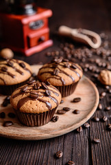 Coffee muffins with grated walnut and topped with chocolate